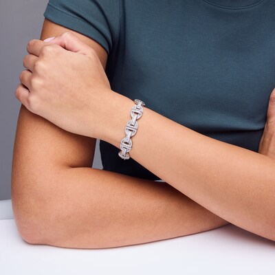 Sterling Silver CZ Baguette Cut Puffed Mariner Chain Bracelet - 8.5"