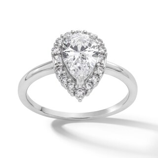 Sterling Silver CZ Pear Halo Solitaire Ring - Size 7