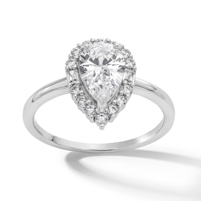 Sterling Silver CZ Pear Halo Solitaire Ring - Size 7