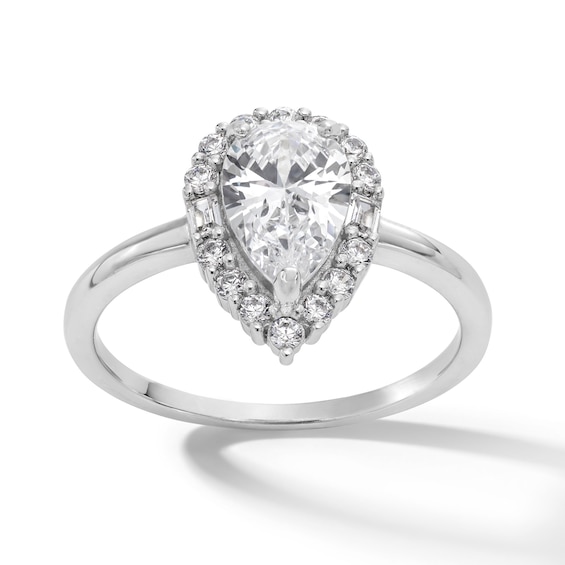Sterling Silver CZ Pear Halo Solitaire Ring - Size 7