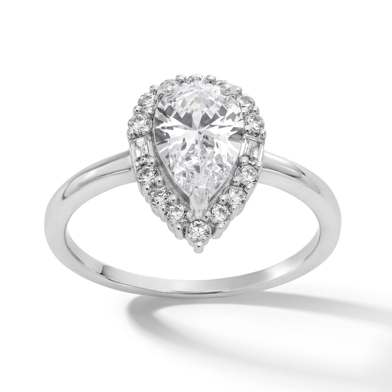 Sterling Silver CZ Pear Halo Solitaire Ring - Size 7