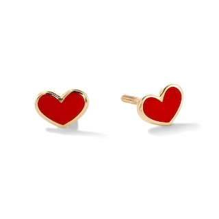 10K Gold Red Enamel Heart Studs