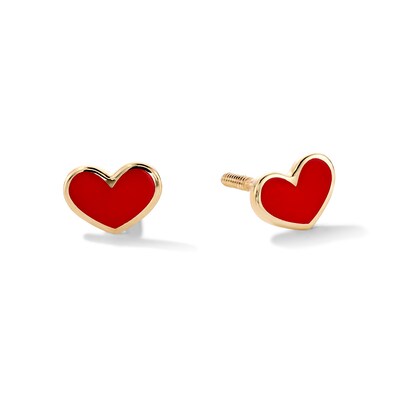 10K Gold Red Enamel Heart Studs