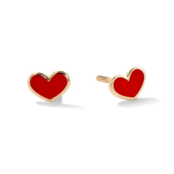 10K Gold Red Enamel Heart Studs