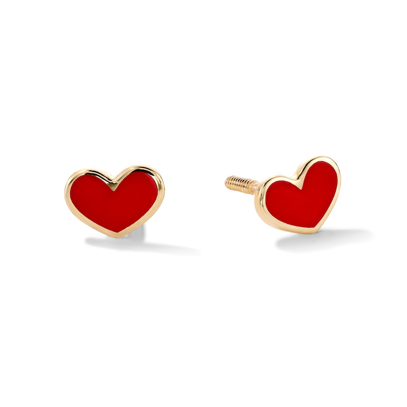 10K Gold Red Enamel Heart Studs