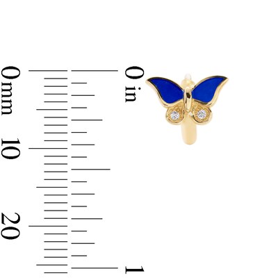 10K Gold CZ and Blue Enamel Butterfly Huggie Hoops