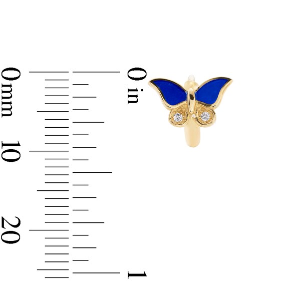 10K Gold CZ and Blue Enamel Butterfly Huggie Hoops
