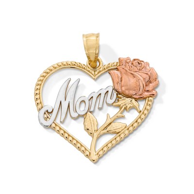 10K Gold Mom Rose Heart Tri-Tone Necklace Charm