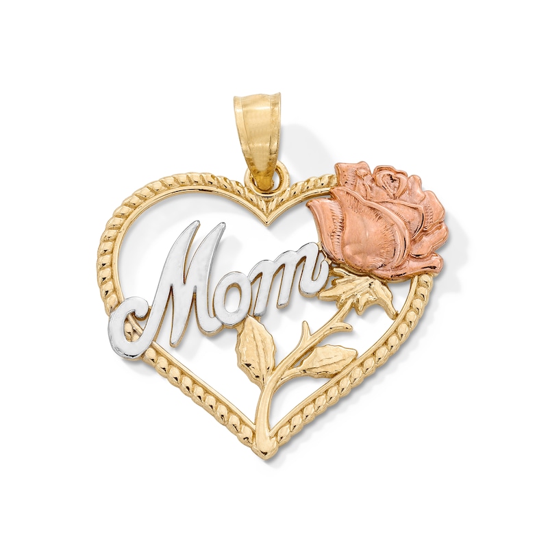10K Gold Mom Rose Heart Tri-Tone Necklace Charm