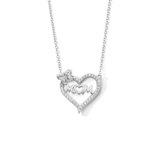 Solid Sterling Silver CZ Mom Heart Pendant - 16" + 2"