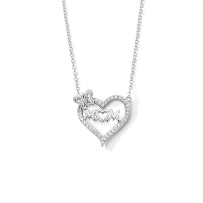 Solid Sterling Silver CZ Mom Heart Pendant - 16" + 2"