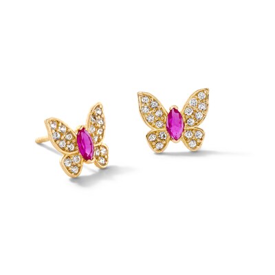 10K Semi-Solid Gold Pink CZ Marquise Butterfly Studs