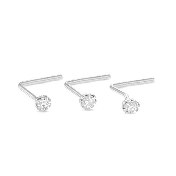 14K White Gold CZ Nose Stud Set - 24G 3/16"