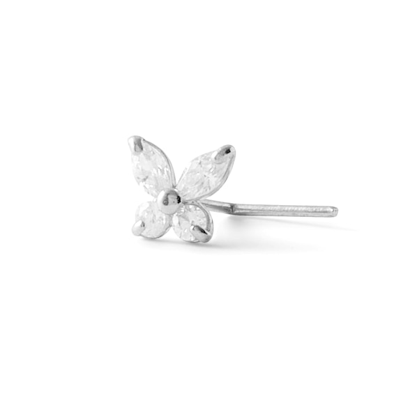 14K White Gold CZ Butterfly L-Shape Nose Stud - 24G 3/16"