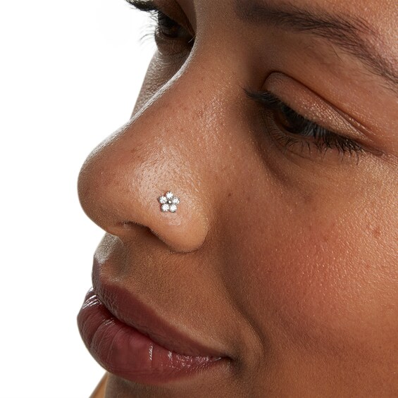 14K White Gold CZ Flower L-Shape Nose Stud - 24G 1/4"