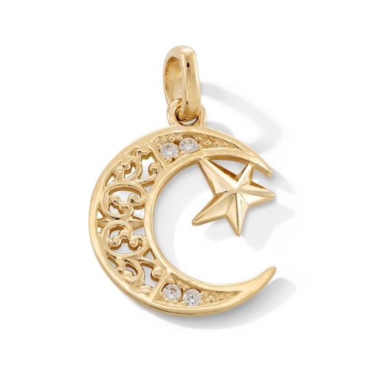10K Gold CZ Moon and Star Necklace Charm