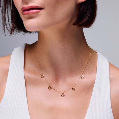 10K Solid Gold Heart Station Cable Chain Necklace - 18"