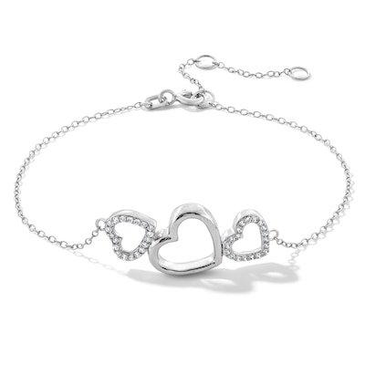 Sterling Silver CZ Hearts Cable Chain Bracelet - 8"