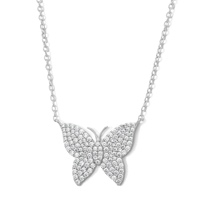 Sterling Silver CZ Butterfly Pendant - 16" + 2"