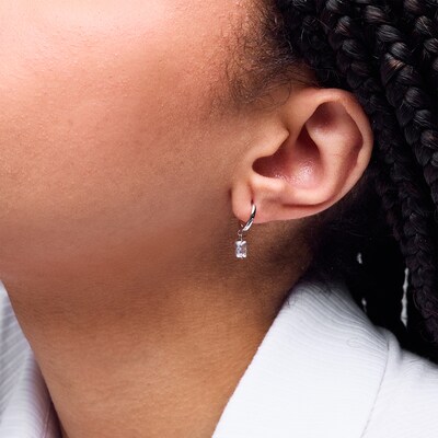 Sterling Silver CZ Baguette Dangle Hoops