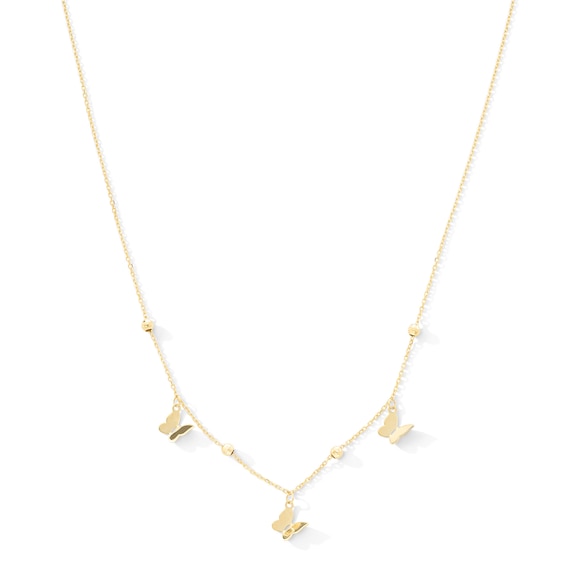 10K Solid Gold Butterfly and Bead Station Necklace - 18"