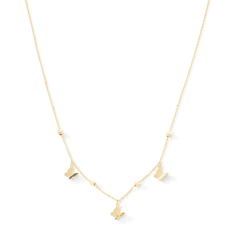 10K Solid Gold Butterfly and Bead Station Necklace - 18"