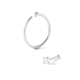 14K Solid White Gold CZ Nose Stud and Hoop Set - 20G 5/16"