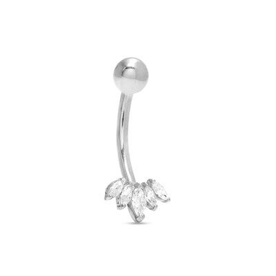 14K White Gold CZ Marquise Five Stone Belly Button Ring - 14G 3/8"