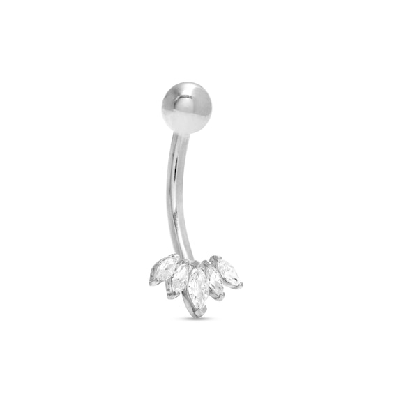 14K White Gold CZ Marquise Five Stone Belly Button Ring - 14G 3/8"