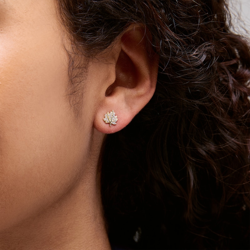 Main Image 2 of 10K Gold CZ Pavé Leaf Studs