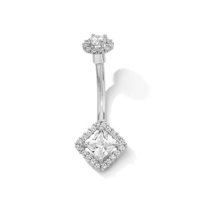 10K Solid White Gold CZ Princess-Cut Frame Belly Button Ring - 14G 3/8"