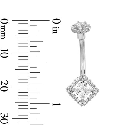 10K Solid White Gold CZ Princess-Cut Frame Belly Button Ring - 14G 3/8"