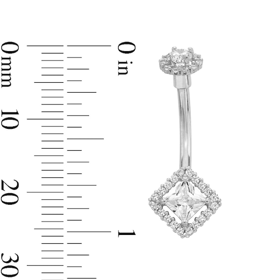 10K Solid White Gold CZ Princess-Cut Frame Belly Button Ring - 14G 3/8"