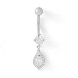 10K Solid White Gold CZ Teardrop Dangle Belly Button Ring - 14G 3/8"