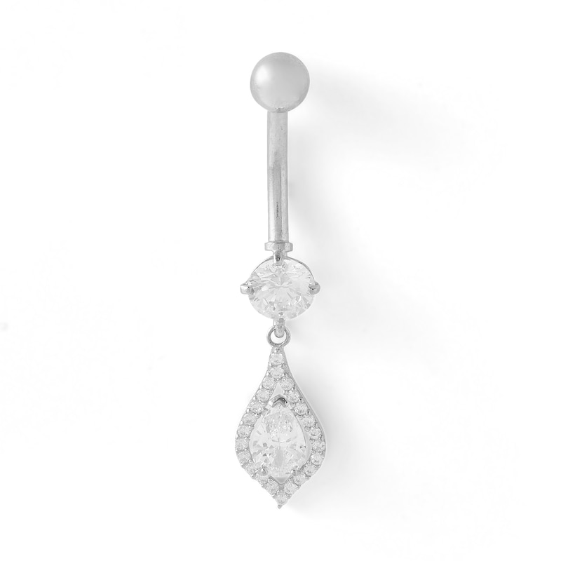 Main Image 1 of 10K Solid White Gold CZ Teardrop Dangle Belly Button Ring - 14G 3/8"