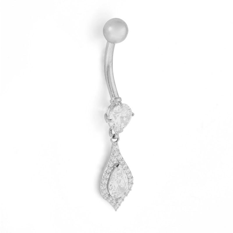 Main Image 2 of 10K Solid White Gold CZ Teardrop Dangle Belly Button Ring - 14G 3/8"
