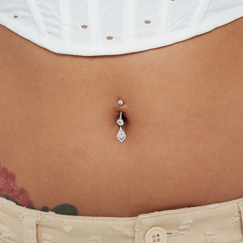 Main Image 4 of 10K Solid White Gold CZ Teardrop Dangle Belly Button Ring - 14G 3/8"