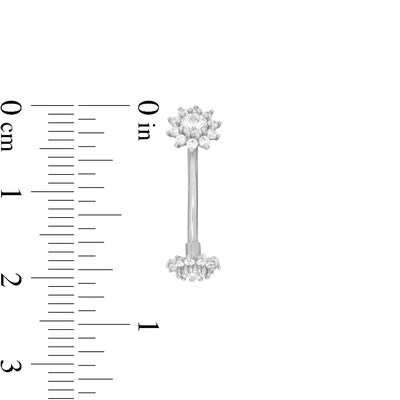 10K Solid White Gold CZ Double Flower Belly Button Ring - 16G 3/8"