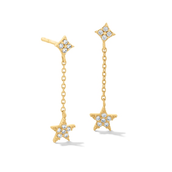 10K Gold CZ Pavé Star Dangle Chain Studs