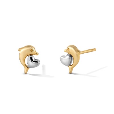 10K Gold Dolphin and Heart Two-Tone Studs