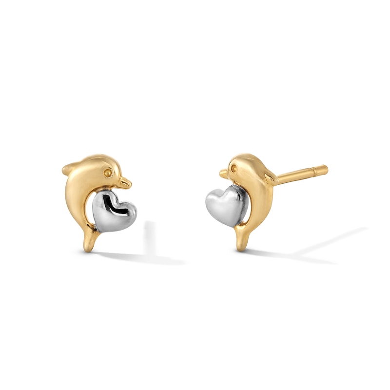 10K Gold Dolphin and Heart Two-Tone Studs