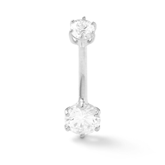 10K Solid White Gold CZ Two-Stone Belly Button Ring - 14G 7/16"