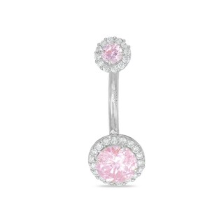 10K Solid White Gold Pink and White CZ Frame Belly Button Ring - 14G 3/8"