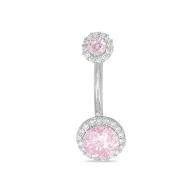10K Solid White Gold Pink and White CZ Frame Belly Button Ring - 14G 3/8"