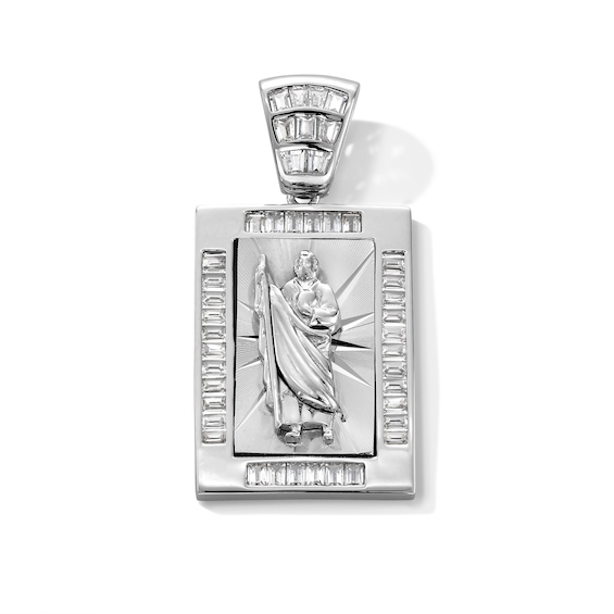 Sterling Silver CZ Saint Jude Rectangular Necklace Charm