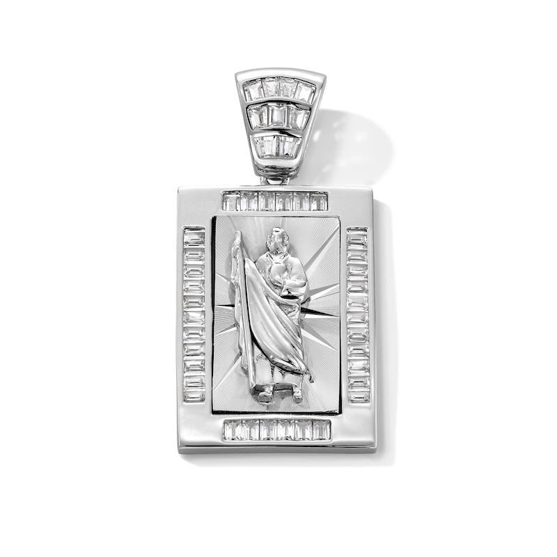 Sterling Silver CZ Saint Jude Rectangular Necklace Charm