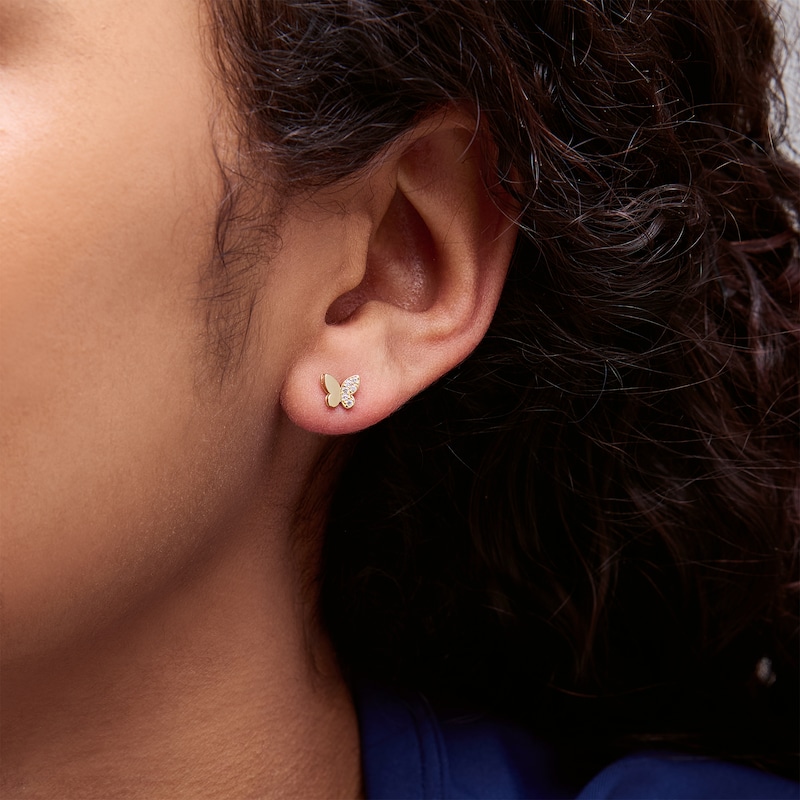 Main Image 2 of 10K Gold CZ Half Pavé Butterfly Studs