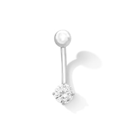 10K Solid White Gold CZ Solitaire Short Curve Belly Button Ring - 14G 3/8"
