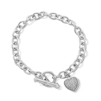 Sterling Silver CZ Heart Cable Chain Toggle Bracelet - 7"