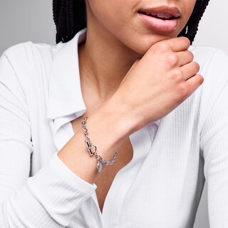 Sterling Silver CZ Heart Cable Chain Toggle Bracelet - 7"